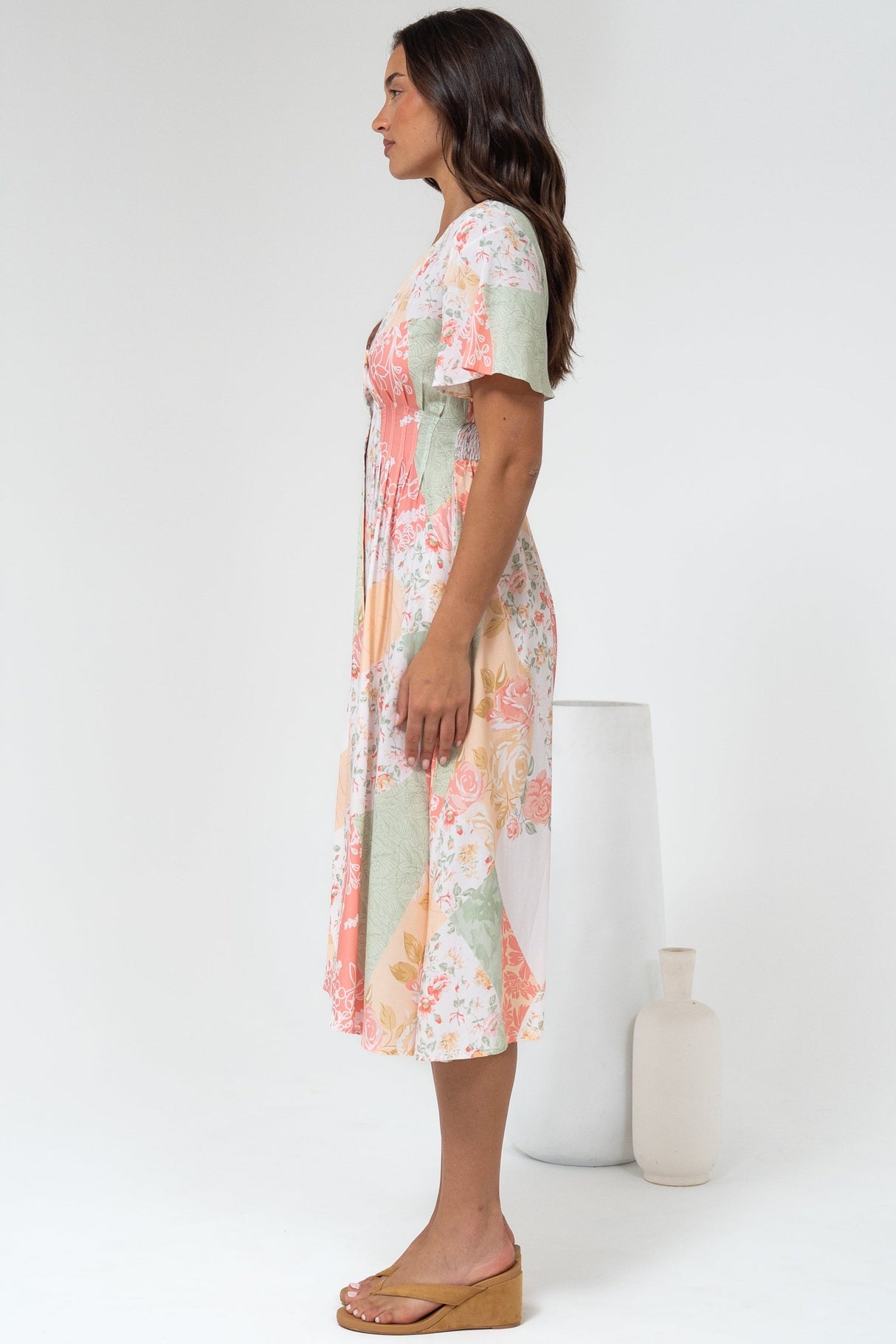 Wesley Midi Dress - V-Neck A-Line Dress with Flutter Sleeves in Loyola Print