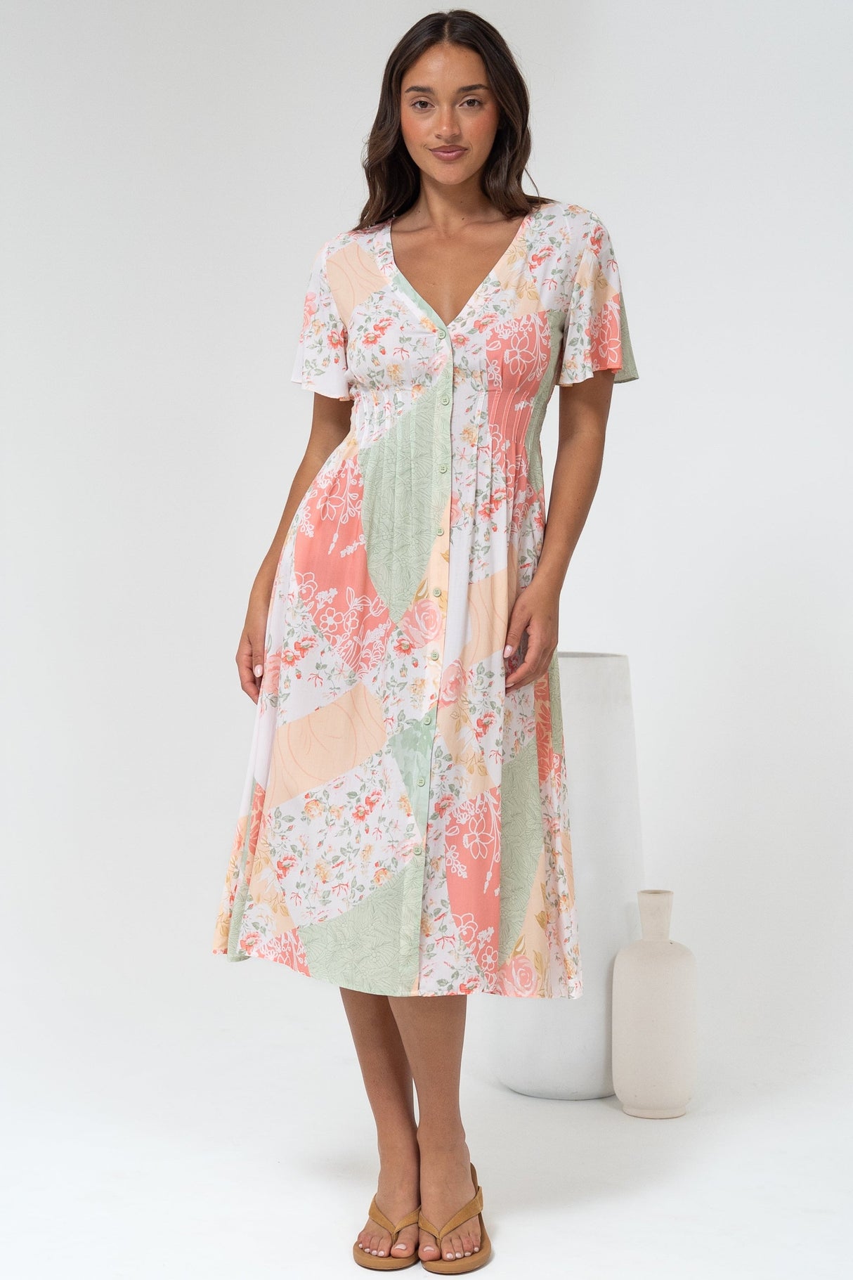 Wesley Midi Dress - V-Neck A-Line Dress with Flutter Sleeves in Loyola Print