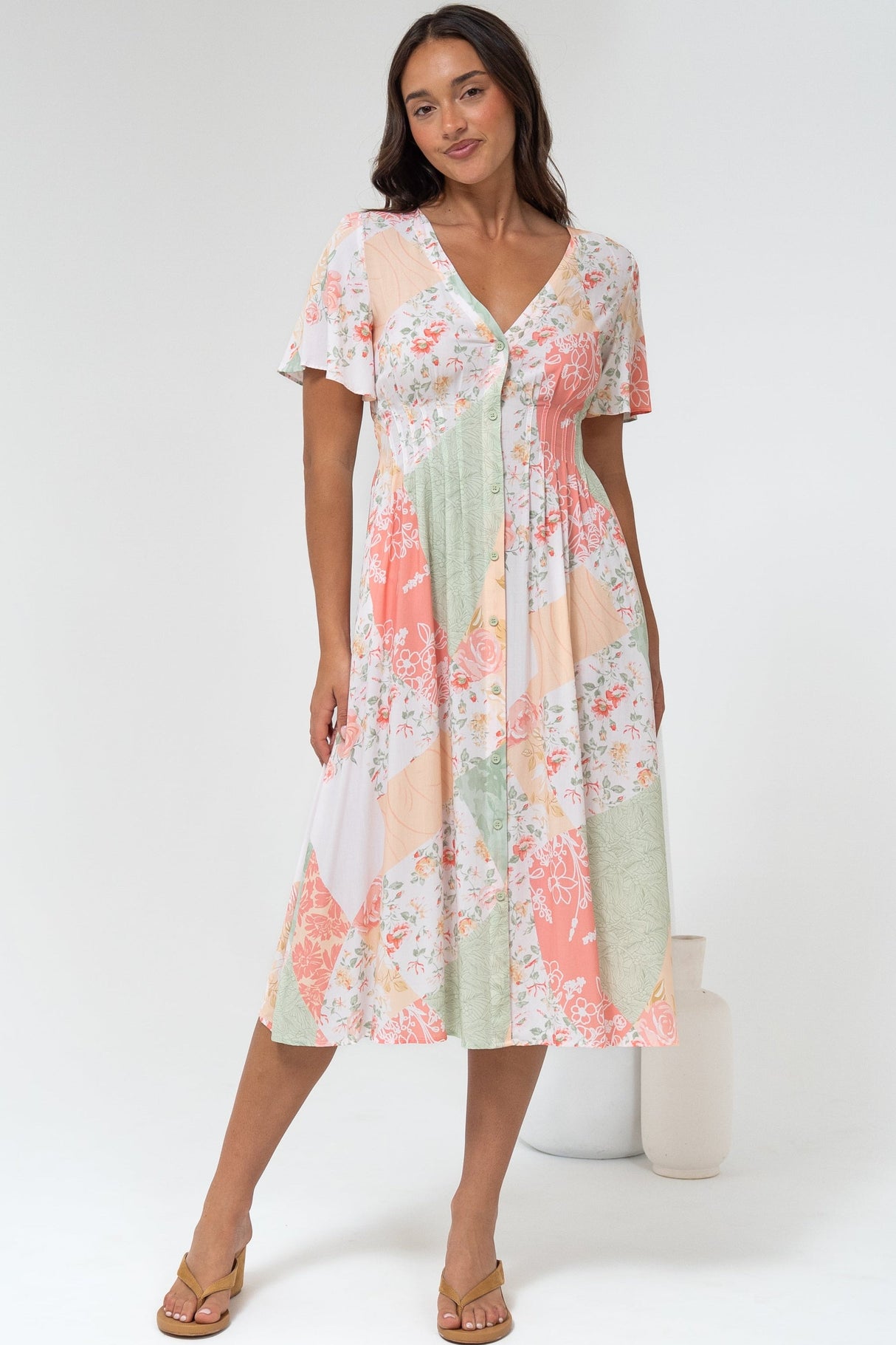 Wesley Midi Dress - V-Neck A-Line Dress with Flutter Sleeves in Loyola Print