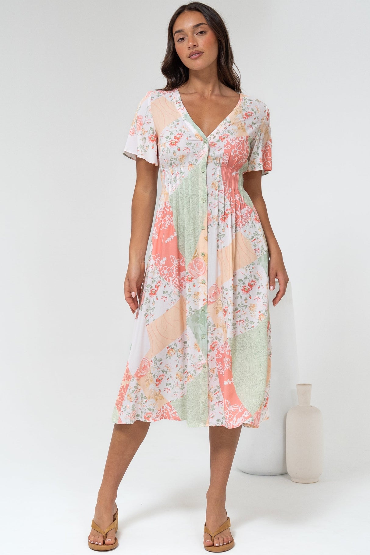 Wesley Midi Dress - V-Neck A-Line Dress with Flutter Sleeves in Loyola Print