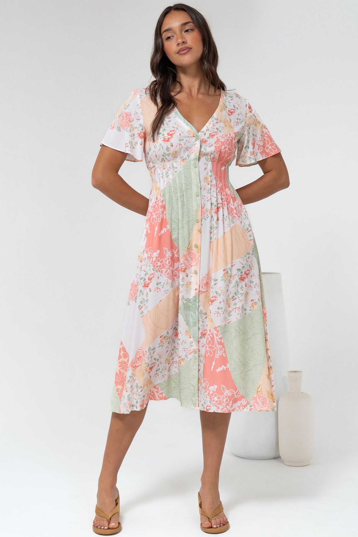 Wesley Midi Dress - V-Neck A-Line Dress with Flutter Sleeves in Loyola Print