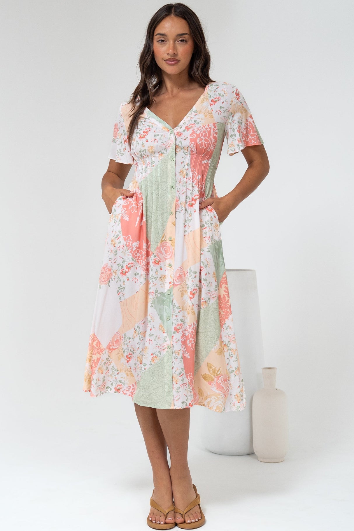 Wesley Midi Dress - V-Neck A-Line Dress with Flutter Sleeves in Loyola Print