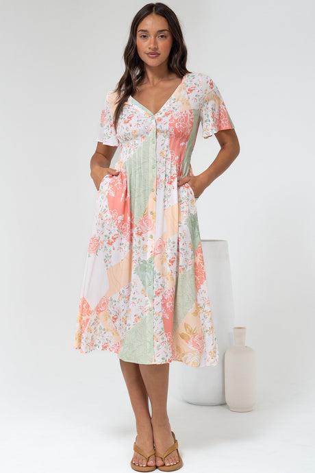 Wesley Midi Dress - V-Neck A-Line Dress with Flutter Sleeves in Loyola Print