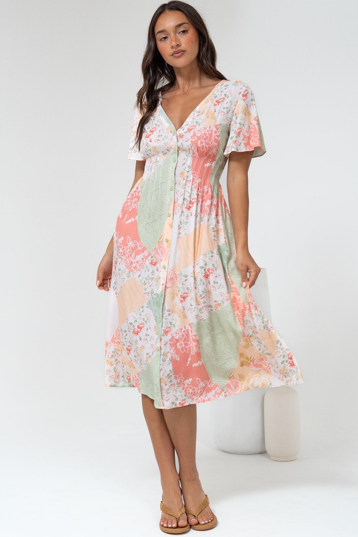 Wesley Midi Dress - V-Neck A-Line Dress with Flutter Sleeves in Loyola Print