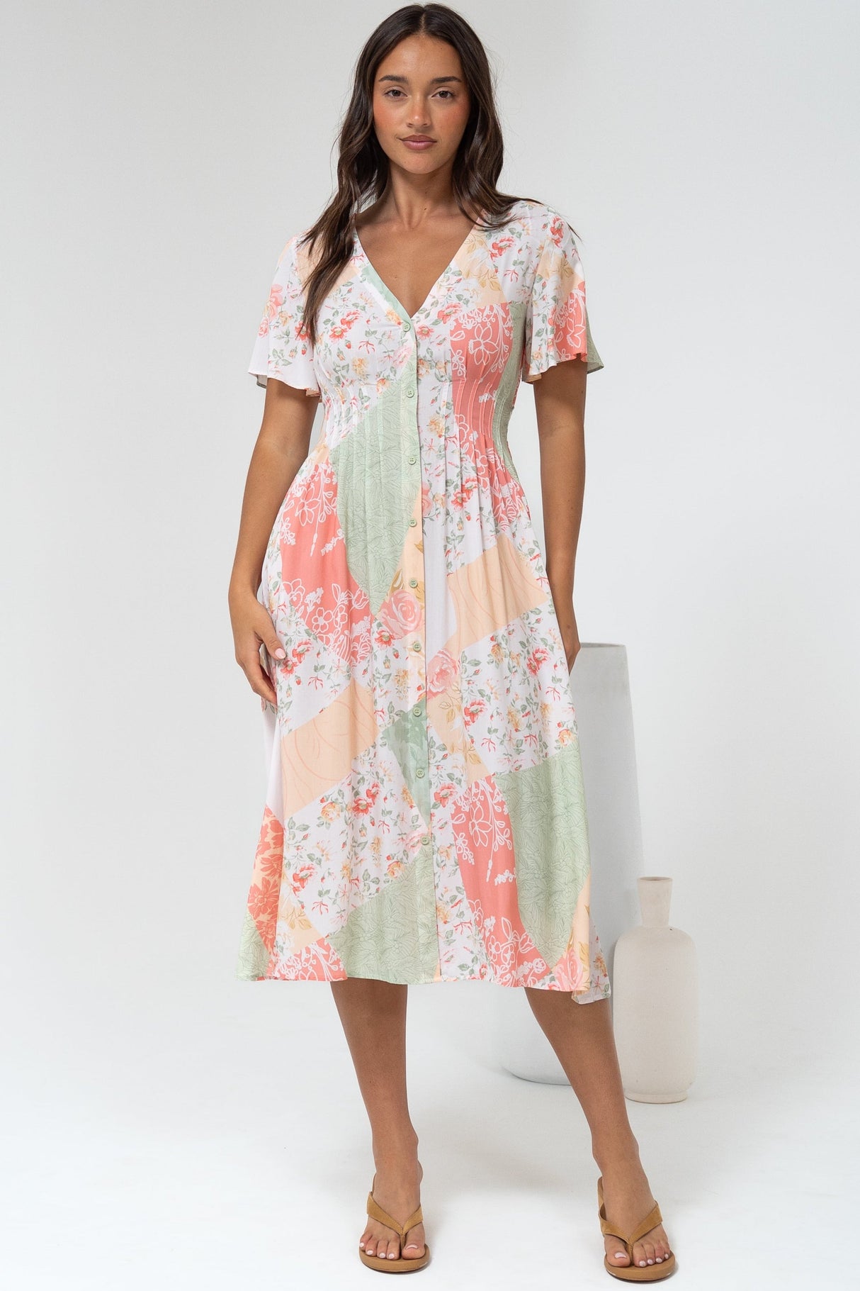 Wesley Midi Dress - V-Neck A-Line Dress with Flutter Sleeves in Loyola Print