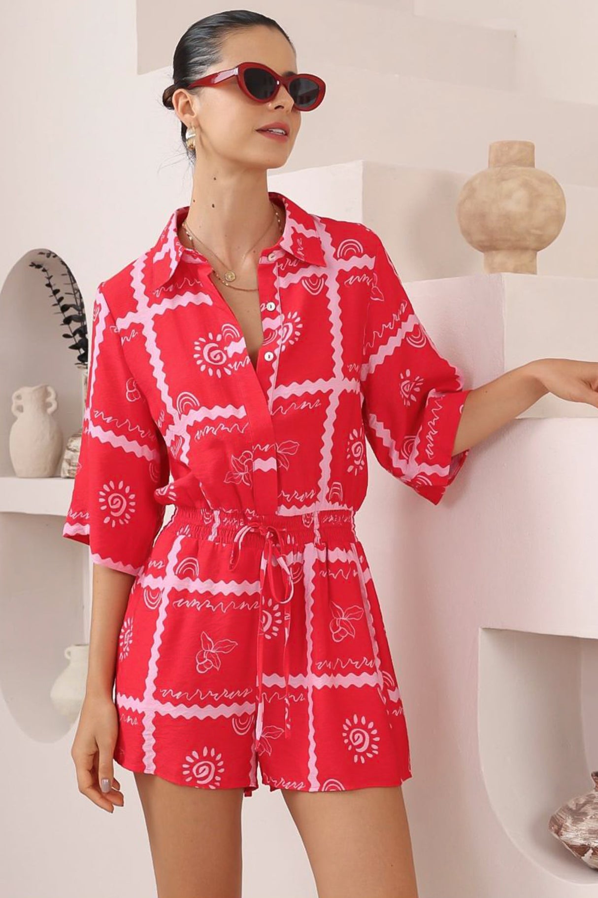 Odair Playsuit - Collared Shirt Playsuit with Pull Tie Waist and Pockets in Cambria Print