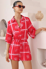 Odair Playsuit - Collared Shirt Playsuit with Pull Tie Waist and Pockets in Cambria Print