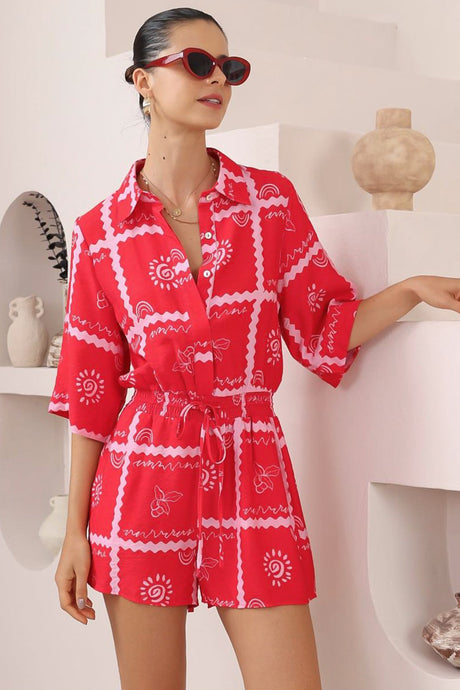 Odair Playsuit - Collared Shirt Playsuit with Pull Tie Waist and Pockets in Cambria Print