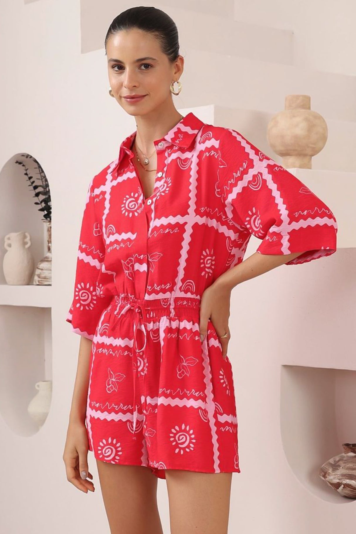 Odair Playsuit - Collared Shirt Playsuit with Pull Tie Waist and Pockets in Cambria Print