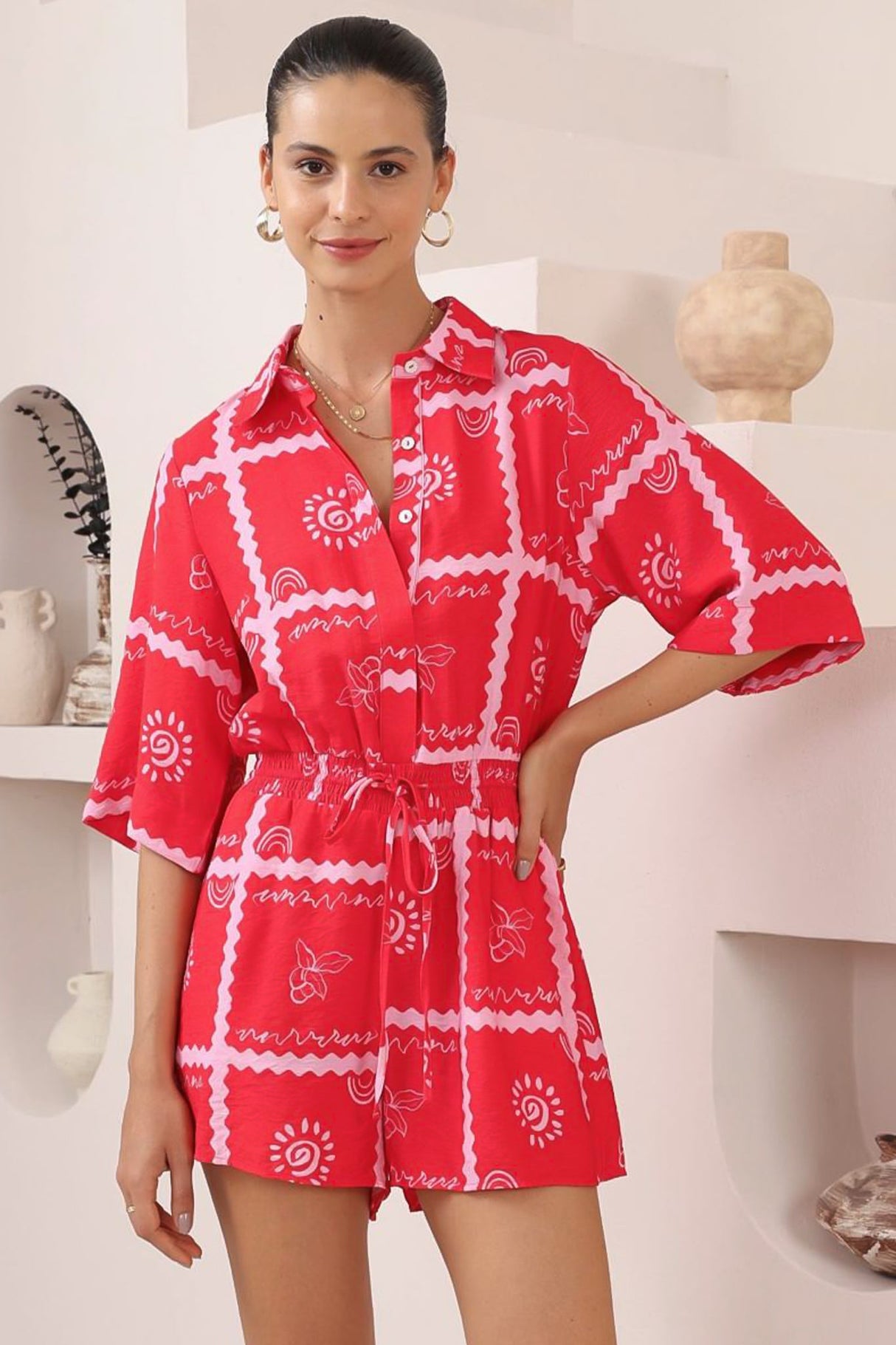 Odair Playsuit - Collared Shirt Playsuit with Pull Tie Waist and Pockets in Cambria Print
