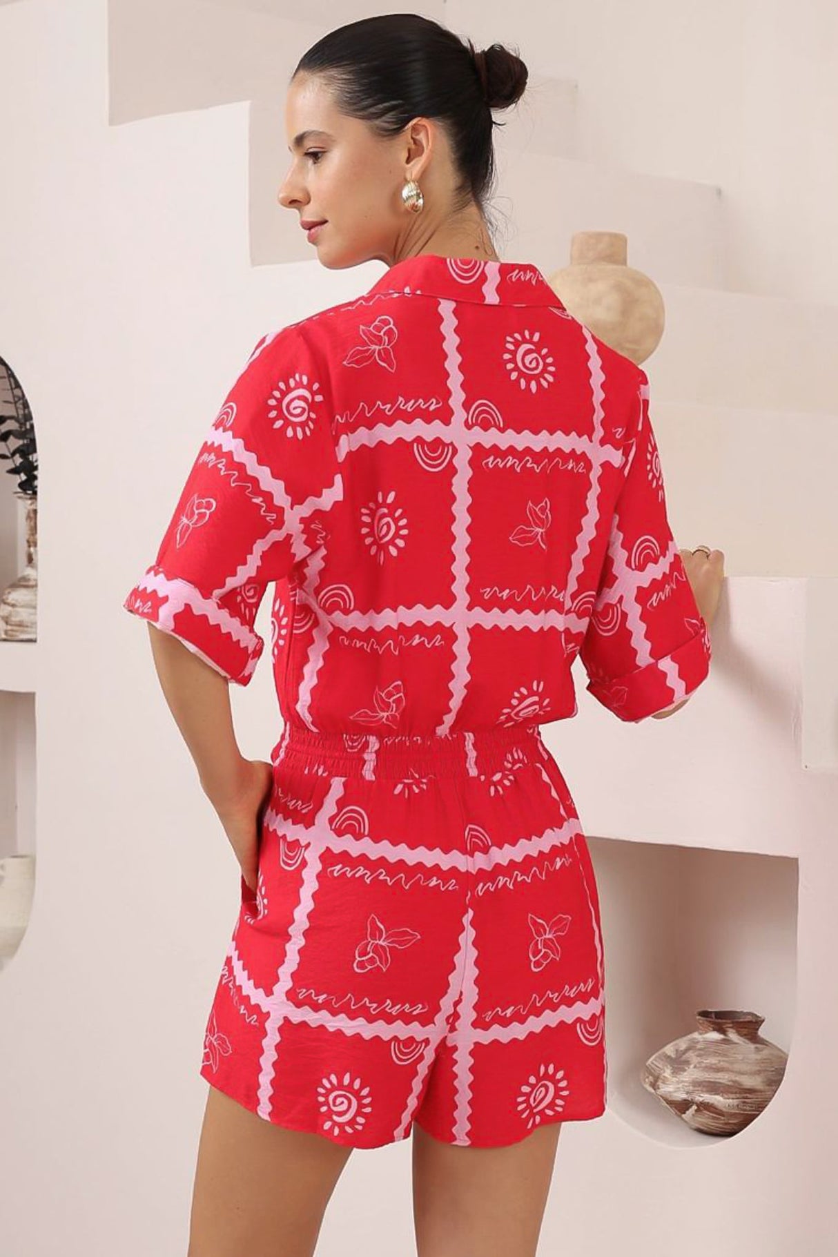 Odair Playsuit - Collared Shirt Playsuit with Pull Tie Waist and Pockets in Cambria Print
