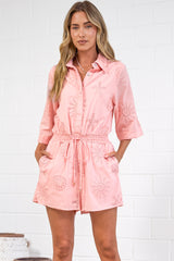 Odair Playsuit - Collared Shirt Playsuit with Pull Tie Waist and Pockets in Ocean Lace Pink