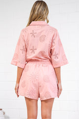 Odair Playsuit - Collared Shirt Playsuit with Pull Tie Waist and Pockets in Ocean Lace Pink