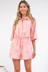 Odair Playsuit - Collared Shirt Playsuit with Pull Tie Waist and Pockets in Ocean Lace Pink