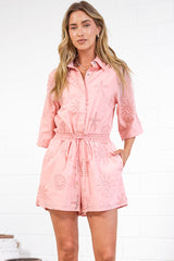 Odair Playsuit - Collared Shirt Playsuit with Pull Tie Waist and Pockets in Ocean Lace Pink