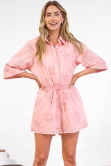 Odair Playsuit - Collared Shirt Playsuit with Pull Tie Waist and Pockets in Ocean Lace Pink