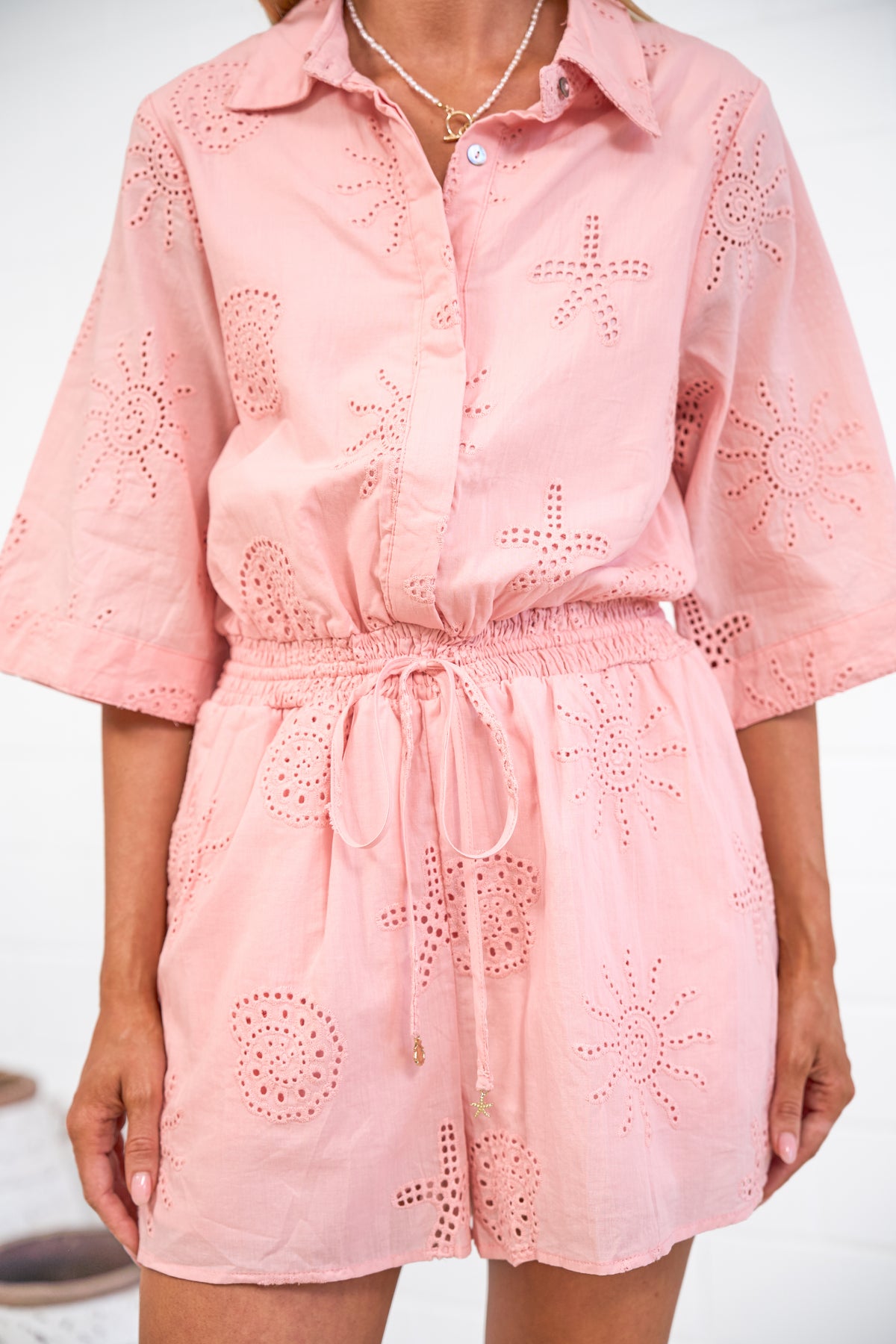Odair Playsuit - Collared Shirt Playsuit with Pull Tie Waist and Pockets in Ocean Lace Pink
