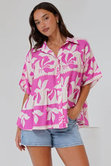 Ode Shirt - Smock Tiered Collared Button Down with Short Sleeves in Maven Print Pink
