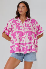 Ode Shirt - Smock Tiered Collared Button Down with Short Sleeves in Maven Print Pink