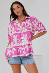 Ode Shirt - Smock Tiered Collared Button Down with Short Sleeves in Maven Print Pink