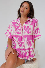 Ode Shirt - Smock Tiered Collared Button Down with Short Sleeves in Maven Print Pink