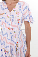 Odette Midi Dress - Flutter Cap Sleeve Button Waist A Line Dress in Annabelle Print