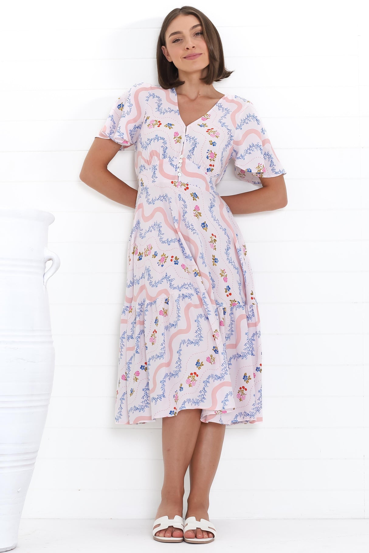 Odette Midi Dress - Flutter Cap Sleeve Button Waist A Line Dress in Annabelle Print