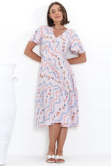 Odette Midi Dress - Flutter Cap Sleeve Button Waist A Line Dress in Annabelle Print