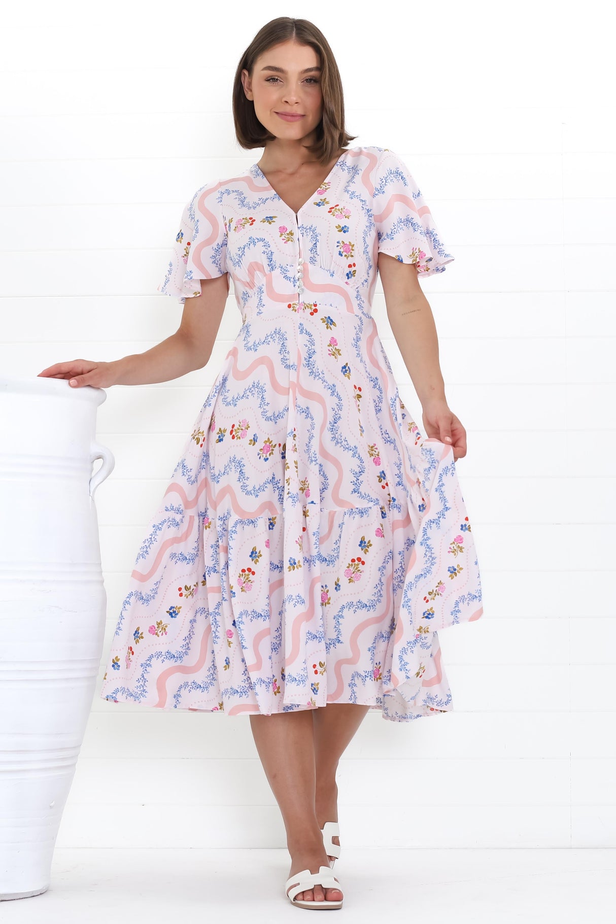 Odette Midi Dress - Flutter Cap Sleeve Button Waist A Line Dress in Annabelle Print