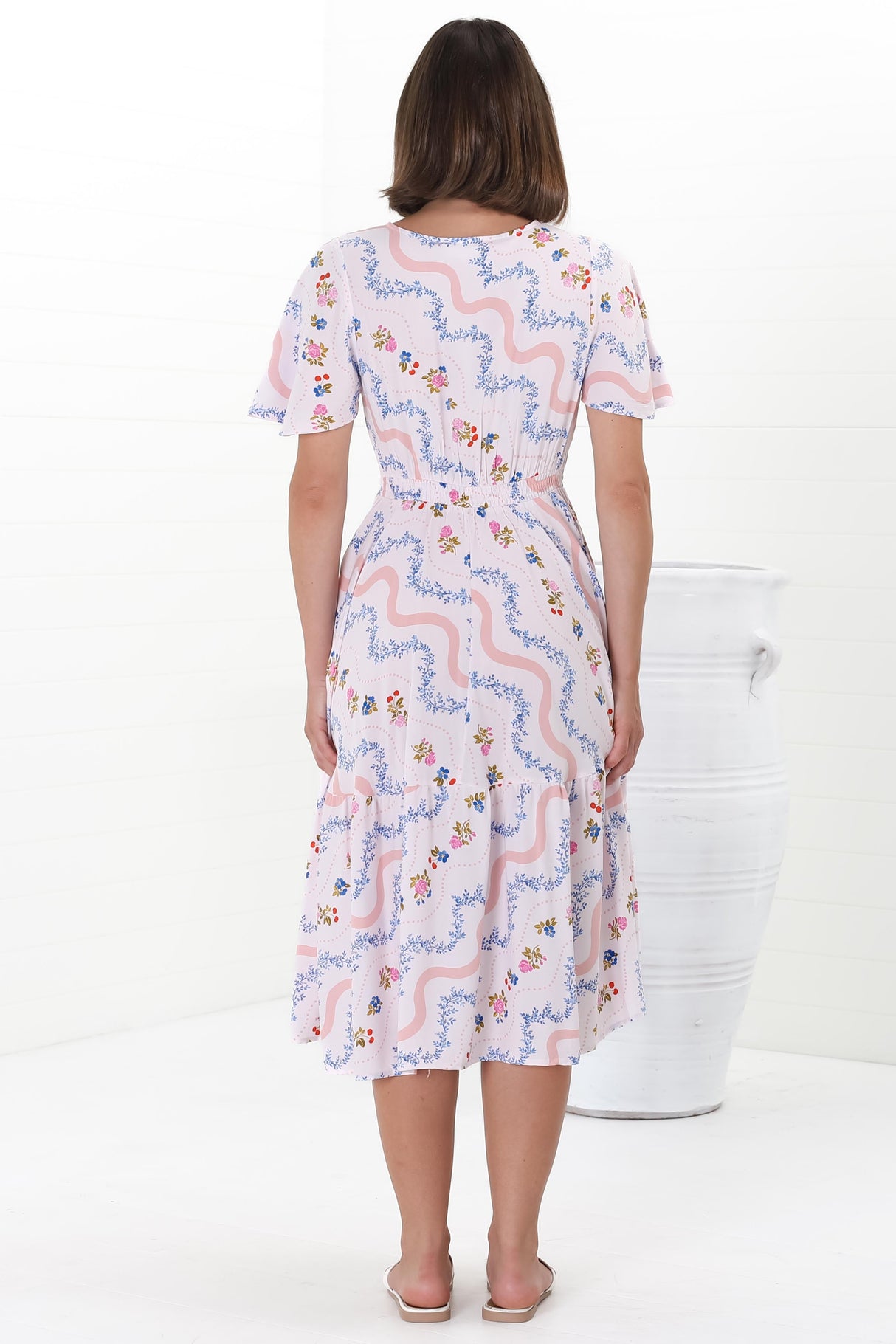 Odette Midi Dress - Flutter Cap Sleeve Button Waist A Line Dress in Annabelle Print