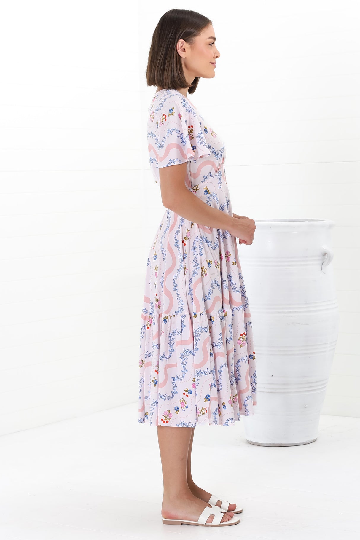 Odette Midi Dress - Flutter Cap Sleeve Button Waist A Line Dress in Annabelle Print