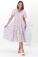 Odette Midi Dress - Flutter Cap Sleeve Button Waist A Line Dress in Annabelle Print