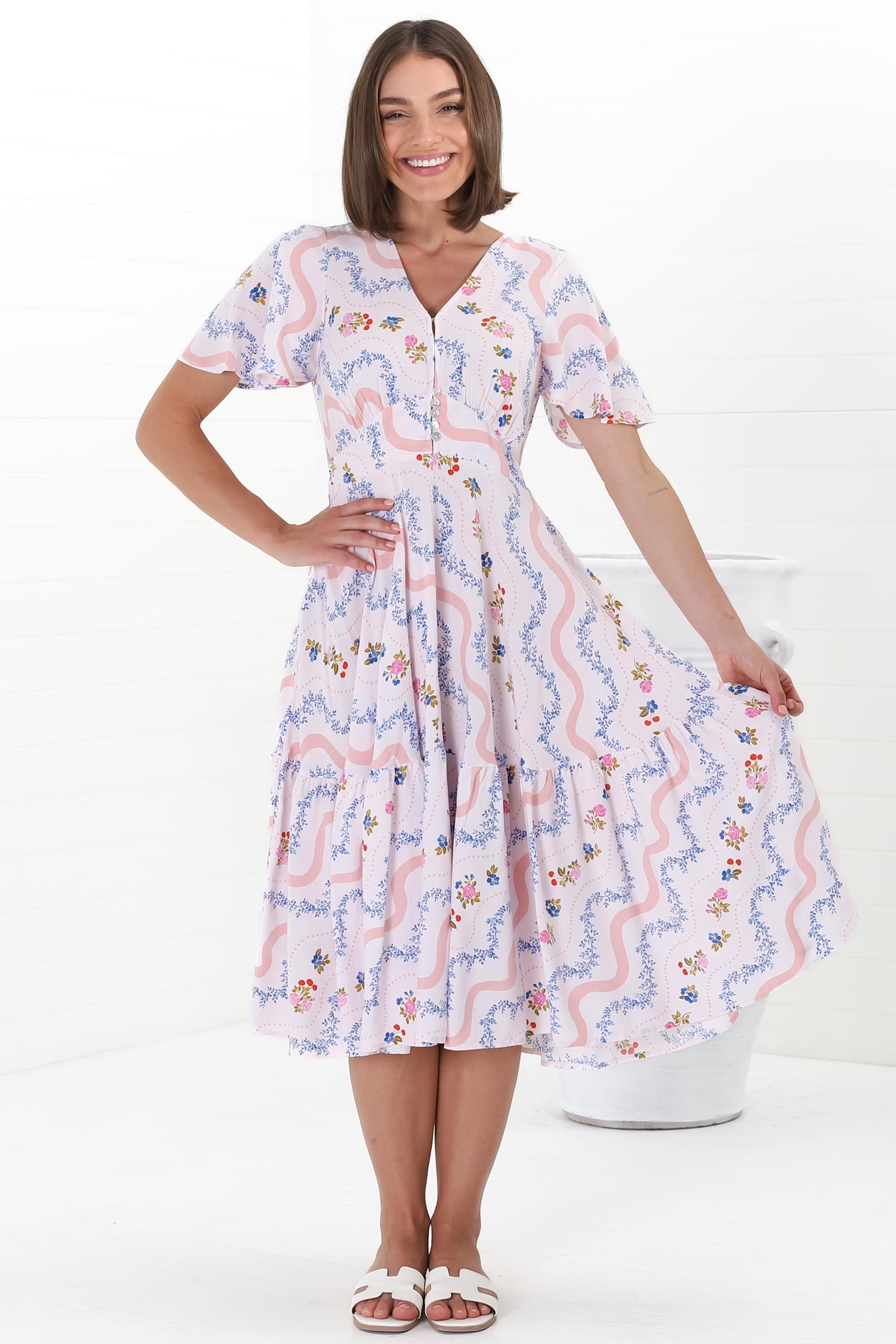 Odette Midi Dress - Flutter Cap Sleeve Button Waist A Line Dress in Annabelle Print