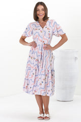 Odette Midi Dress - Flutter Cap Sleeve Button Waist A Line Dress in Annabelle Print