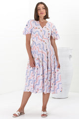 Odette Midi Dress - Flutter Cap Sleeve Button Waist A Line Dress in Annabelle Print