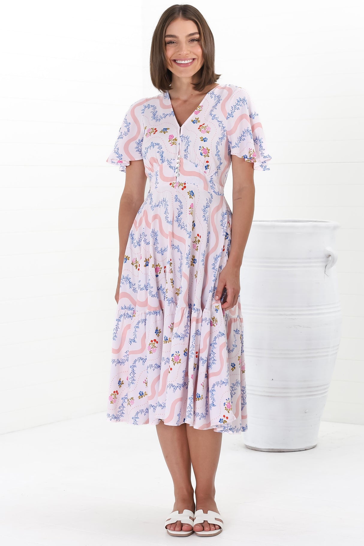 Odette Midi Dress - Flutter Cap Sleeve Button Waist A Line Dress in Annabelle Print