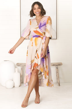 Odilah Midi Dress - 3/4 Sleeve Wrap Dress in Leyla Print