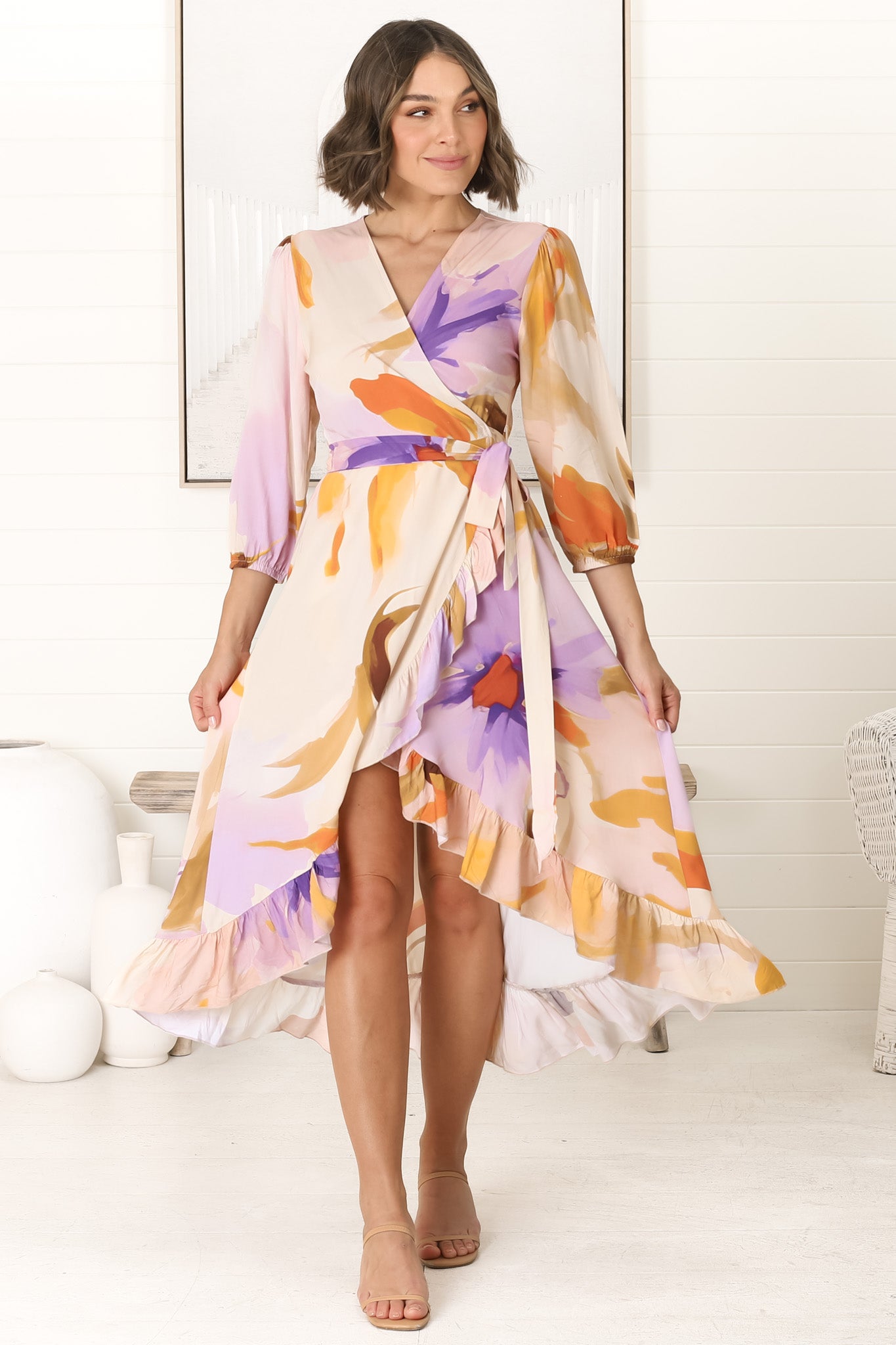 Odilah Midi Dress - 3/4 Sleeve Wrap Dress in Leyla Print