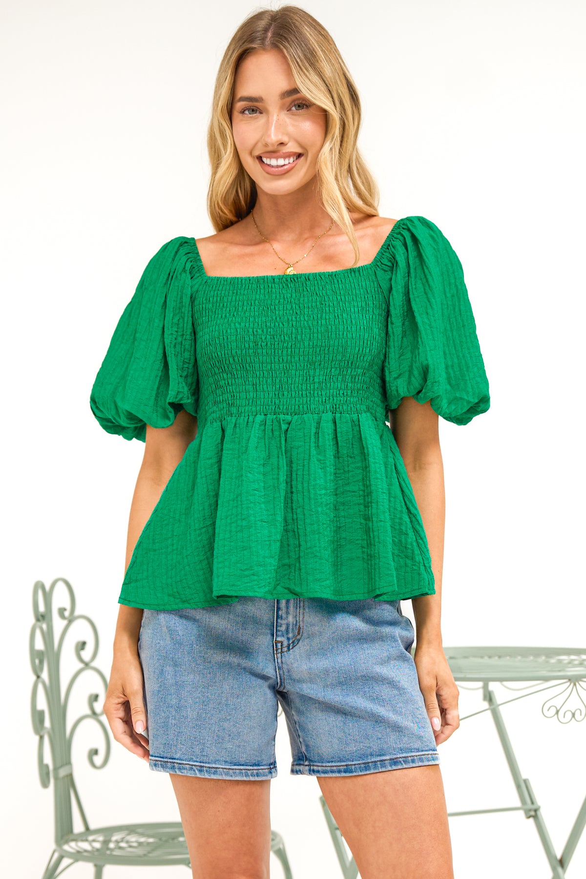 Oleander Top - On or Off Shoulder Puff Sleeve Peplum Top in Green