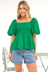 Oleander Top - On or Off Shoulder Puff Sleeve Peplum Top in Green