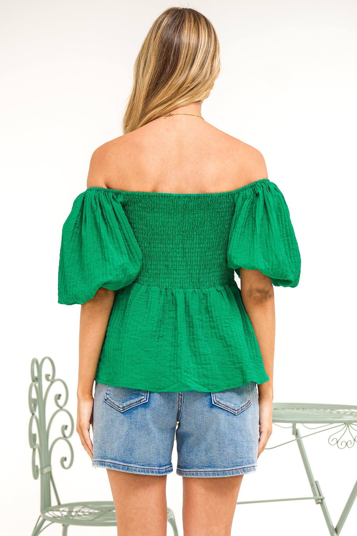 Oleander Top - On or Off Shoulder Puff Sleeve Peplum Top in Green