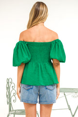 Oleander Top - On or Off Shoulder Puff Sleeve Peplum Top in Green
