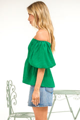 Oleander Top - On or Off Shoulder Puff Sleeve Peplum Top in Green