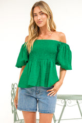 Oleander Top - On or Off Shoulder Puff Sleeve Peplum Top in Green