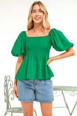 Oleander Top - On or Off Shoulder Puff Sleeve Peplum Top in Green