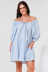 Oliander Mini Dress - On or Off Shoulder Tiered Dress with Pockets in Figaro Stripe Blue