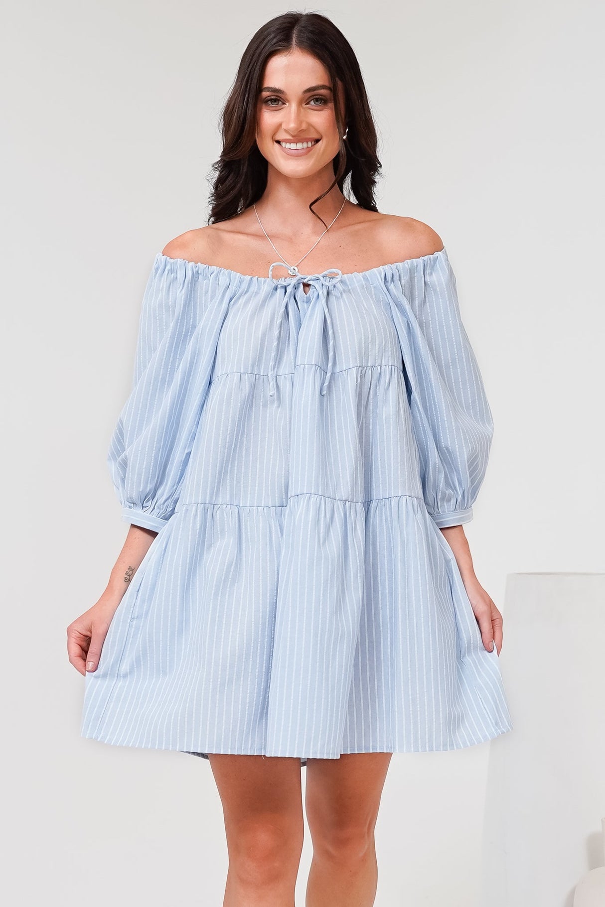 Oliander Mini Dress - On or Off Shoulder Tiered Dress with Pockets in Figaro Stripe Blue