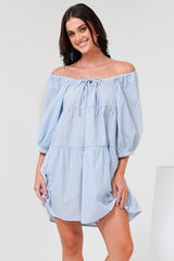 Oliander Mini Dress - On or Off Shoulder Tiered Dress with Pockets in Figaro Stripe Blue