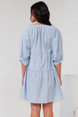 Oliander Mini Dress - On or Off Shoulder Tiered Dress with Pockets in Figaro Stripe Blue
