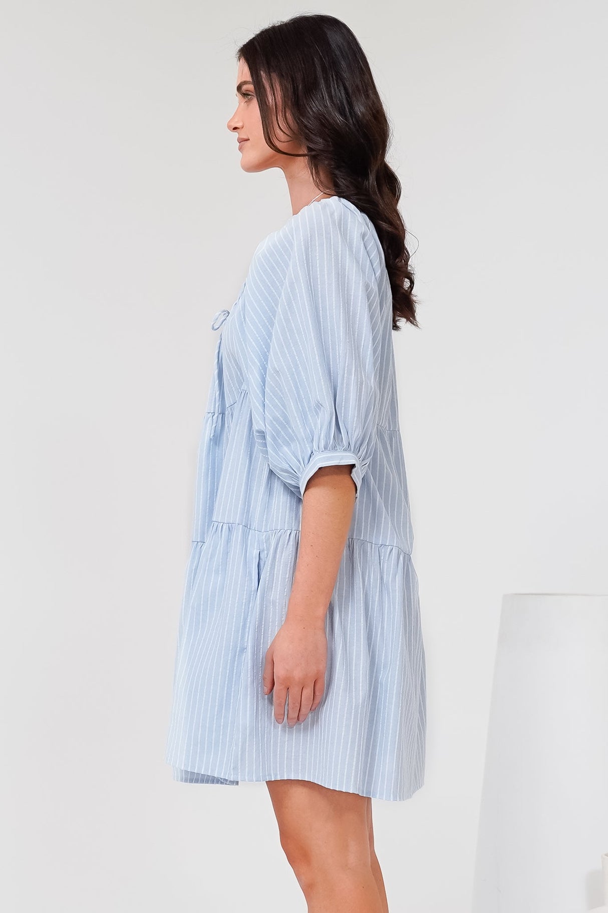 Oliander Mini Dress - On or Off Shoulder Tiered Dress with Pockets in Figaro Stripe Blue